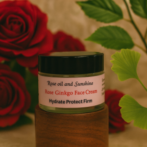 Rose and ginkgo face cream in a small glass jar with natural beeswax and grapeseed oil.