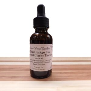 Thai Ginkgo Lion + Mental Clarity Tincture bottle — organic herbal blend for memory, focus, and cognitive support by Rose Oil and Sunshine
