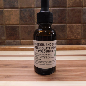 Chocolate Mint + Cold Relief Tincture by Rose Oil and Sunshine, small‑batch herbal extract with homegrown botanicals.